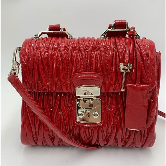 Auth Miu Miu Red Matelasse Enamel Leather 2way Madras Top Handle Handbag - Picture 11 of 16